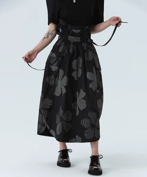 Drawstring Leaf Print Skirt